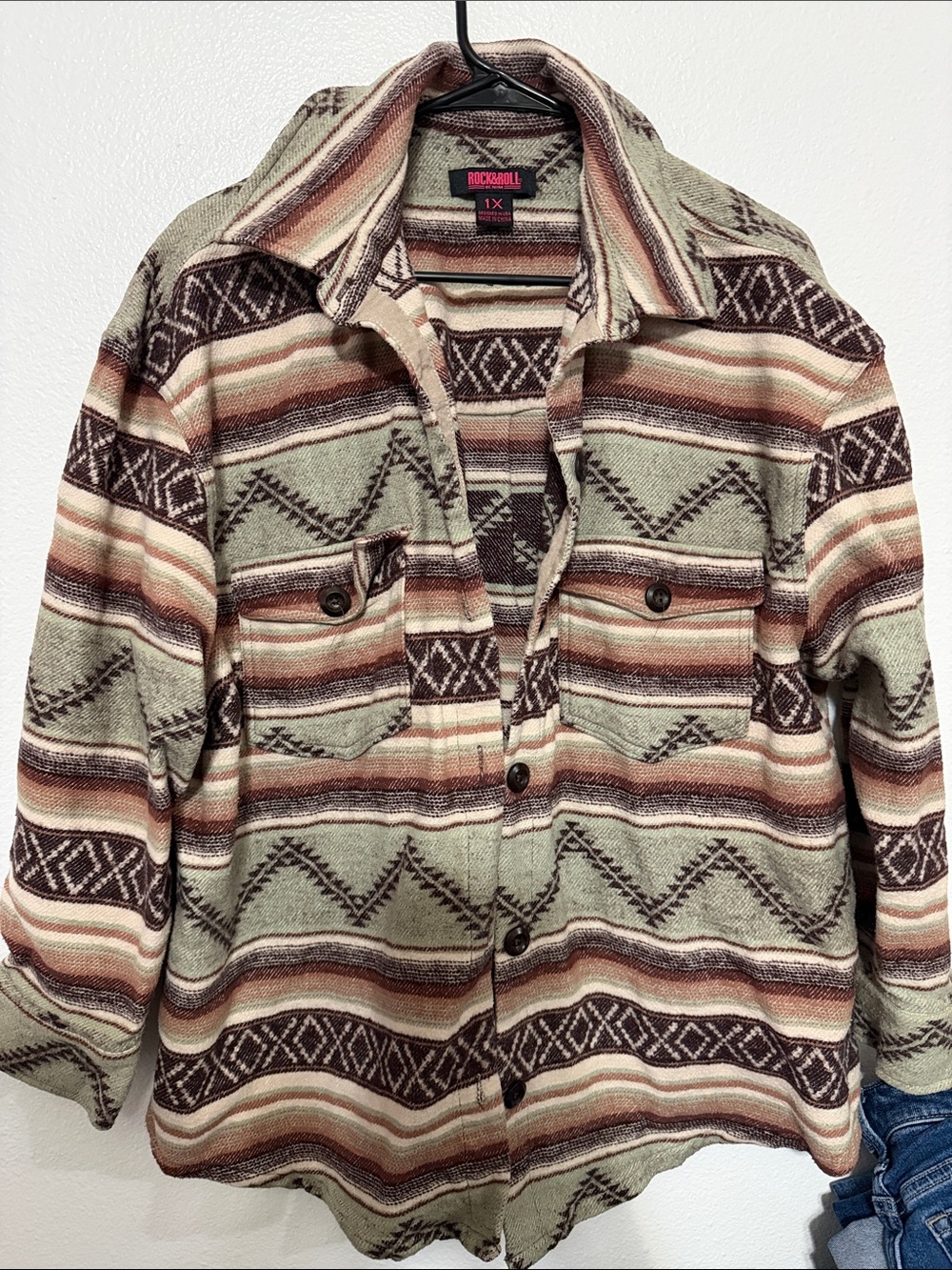 Rock & Roll Cowgirl Aztec Stripe Shacket in Sage, Brown & Cream